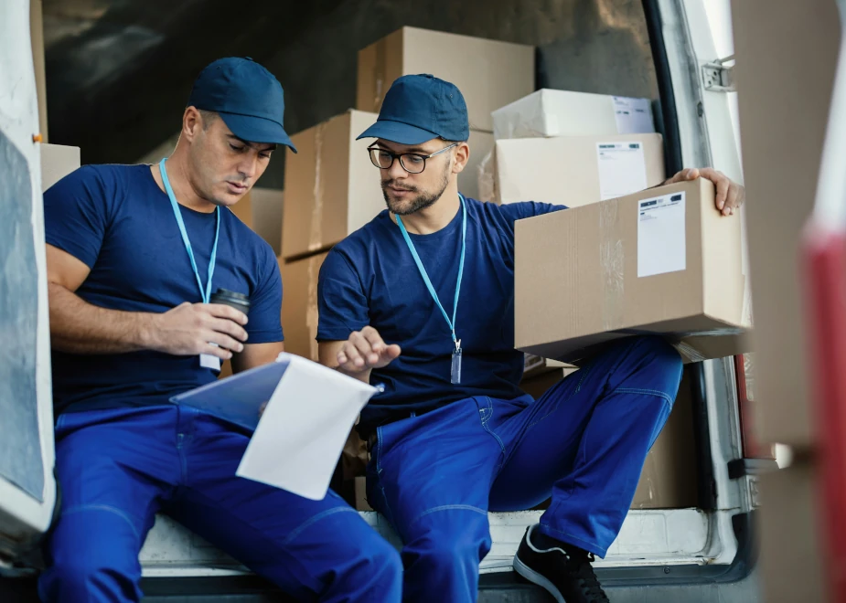 Eine Besprechung des Teams während des Unternehmensumzugs